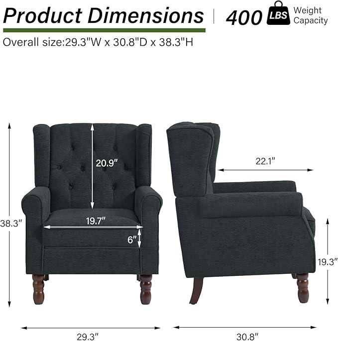 Accent Chair, Upholstered Armchair with Button Tufted High Back & Solid Wood Legs, Comfy Wingback Reading Single Sofa Chair for Small Spaces, Living Room, Bedroom (Blue, Set of 2)-Ruum Studio Home
