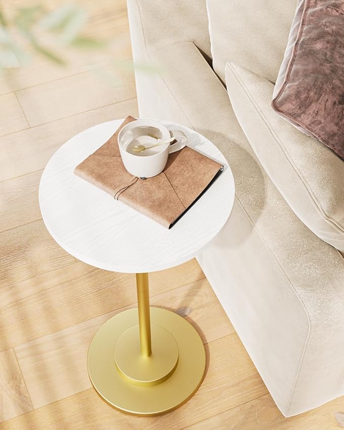 Masupu Drink Table, Round Side Table for Small Spaces, Pedestal Side Table, Small End Table with Metal Base, for Living Room, Bedroom, Bathroom, White Gold-Ruum Studio Home