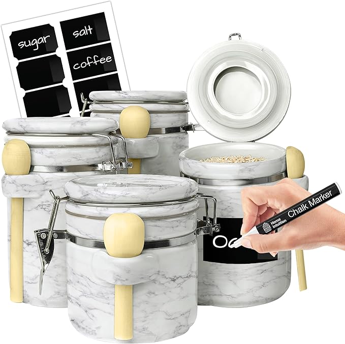 Home Intuition 4-Piece Ceramic Kitchen Canisters Set, Airtight Containers with Wooden Spoons Reusable Chalk Labels and Marker for Sugar, Coffee, Flour, Tea (White Marble)-Ruum Studio Home
