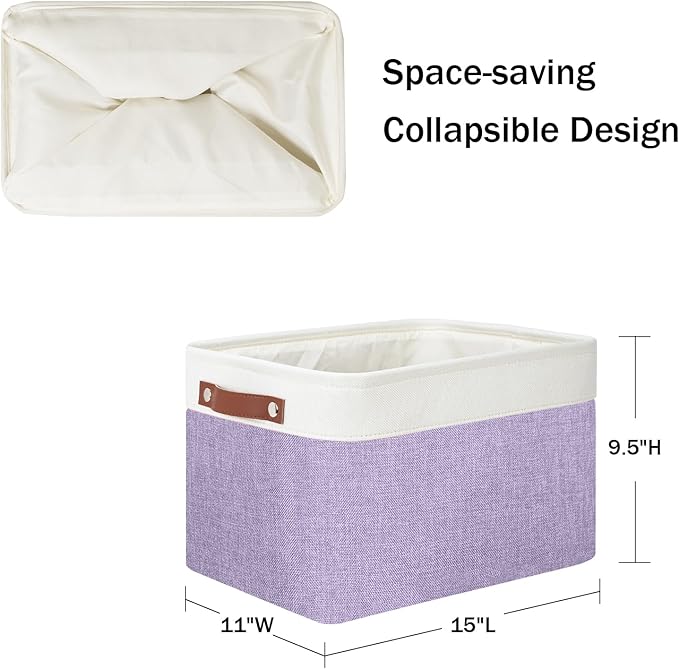 DULLEMELO Storage Baskets for Organizing, Shelves,Bedroom, Decorative Storage Bins with Leather Handles, Fabric Storage Basket for Office, Toys(3-Pack, White&Purple)-Ruum Studio Home
