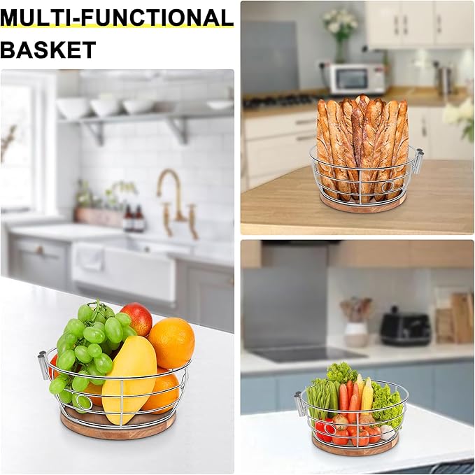 Livabber Countertop Fruit Basket Bowl with Banana Hanger, Modern Standing Fruit Vegetable Bowl Storage, with Banana Tree Holder for Kitchen Dinning Table (Round Wood, Chrome)-Ruum Studio Home