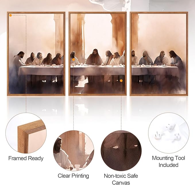 Aurlan Jesus Last Supper Bible Story Wall Art(16"x24"), 3PCS Boho Christ Christian Easter Gifts Canvas Artwork, Neutral Spiritual Religious Faith Decor Prints for Office Home-Ruum Studio Home