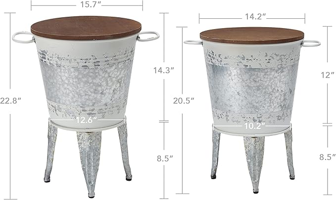 Rustic Storage Farmhouse Accent Side Table, Antique Galvanized Metal End Coffee Cocktail Table Box Bin with Round Wooden Lid Set of 2 (Distressed White)-Ruum Studio Home