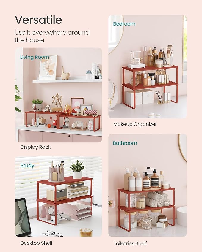 SONGMICS Cabinet Organizer Shelf, Set of 2 Kitchen Counter Shelves, Kitchen Storage, Spice Rack, Stackable, Expandable, Metal and Engineered Wood, Mandarin Red UKCS200Y02-Ruum Studio Home