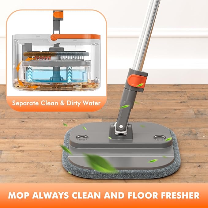 Upgraded Spin Mop and Bucket Set Self-Standing Mop Bucket Separate Dirty and Clean Water System Self Wringing 360° Rotating 90° Foldabl Mops and Buckets for Floor Cleaning (Dark Gray, 2Pads)-Ruum Studio Home