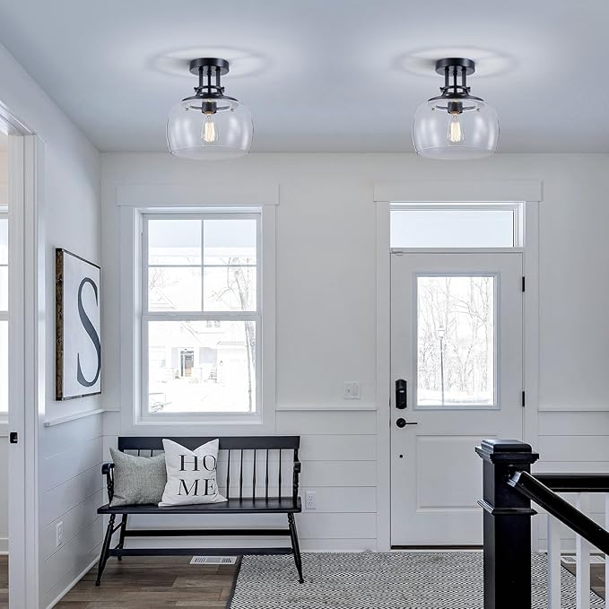 WUZUPS Chandelier Rustic Farmhouse Industrial Round Semi-flushmount Ceiling LED Light Fixture with Clear Glass Shades for Bathroom Kitchen Foyer Entryway, H 10" x W 10", E26 Base, Black-Ruum Studio Home