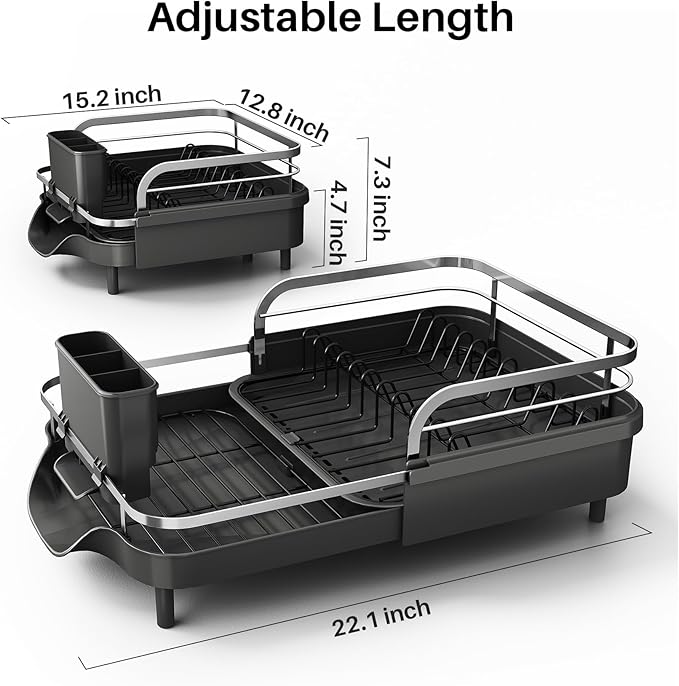 Dish Drying Rack, Expandable Dish Rack for Kitchen Counter, Stainless Steel Dish Drainer with Drainboard Set and Utensil Holder (Black)-Ruum Studio Home