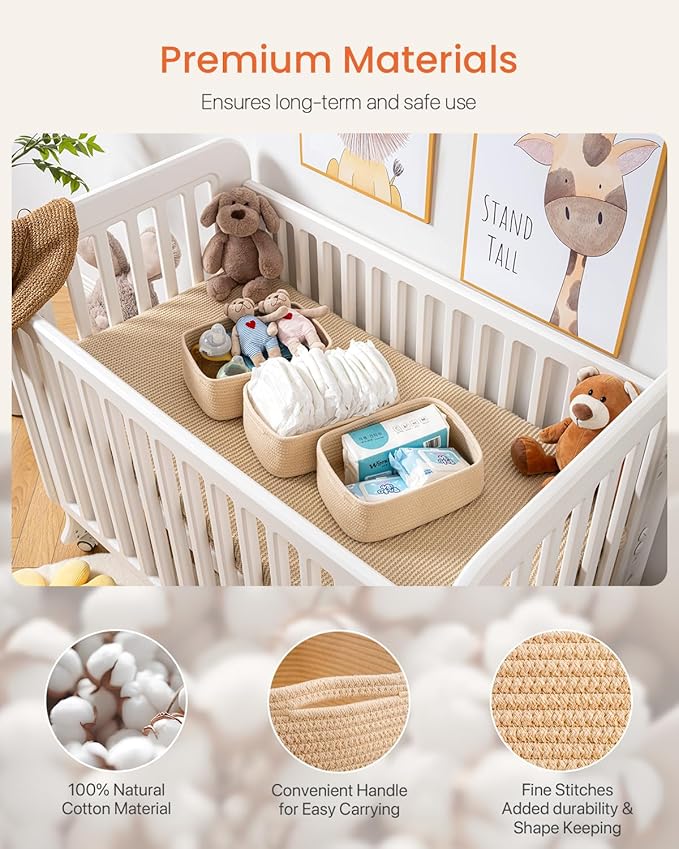 KALLAX Small Woven Basket, 12 x 8 x 4.5 Inches, Storage Basket for Organizing, Cute Small Rope Shelf Closet Cube Storage Bins Baskets for Shelves, Dog Toy Gift Baskets Empty, 3 Packs, Beige-Ruum Studio Home