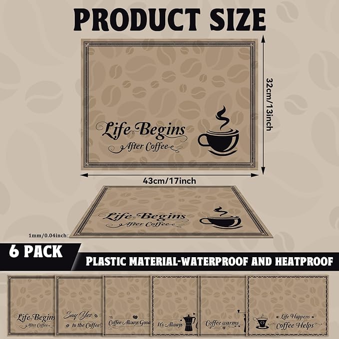 Coffee Bar Placemats Set of 6 Coffee Bar Plastic Table Mats Machine Place Mats Washable Vinyl Accessories Table Decoration for Indoor Outdoor Party Kitchen Dining-Ruum Studio Home