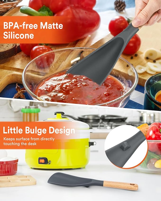 Cooking Spoon and Scraper for Nonstick Cookwares, Great for Cooking and Serving Durable BPA-Free Matte Silicone, Wood Handle Multifunction Spoon for Mixing, Scoop, and Scrape (GREY)-Ruum Studio Home