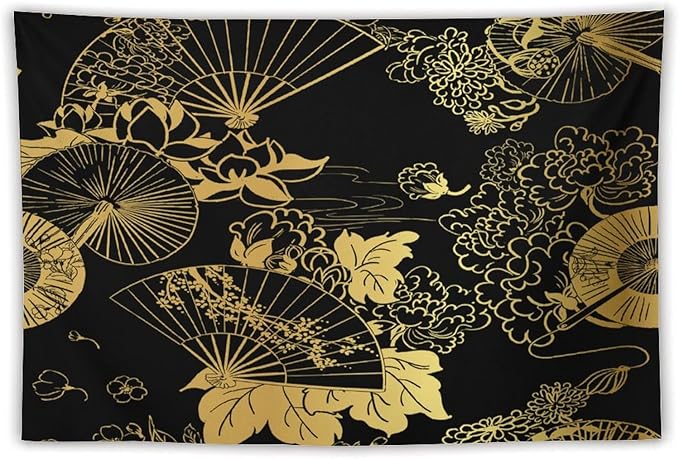 HZOHNAGO Japanese Tapestry Gold Flowers Umbrella Fan Pattern Printed Wall Tapestry Painting Wall Hanging for Bedroom Living Room Dorm 90" W x 60" H-Ruum Studio Home
