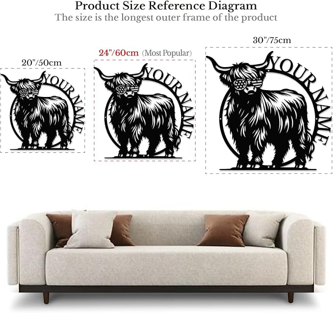 Personalized Highland Cow Name metal Signs,Custom Highland Cow Metal Shed Wall Decor,Black Metal Wall Art Plaques Outdoor wall Decorative Signage (Style G)-Ruum Studio Home