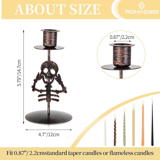 Romadedi Candle Holder for Halloween Decor: Set of 2 Black Gothic Skull Taper Candlestick Table Centerpiece Decorations Spooky Party Dinning Room Home Indoor-Ruum Studio Home