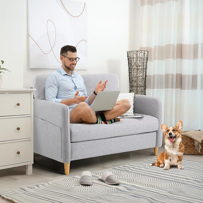 VINGLI 47" Small Couch, Linen Loveseat Sofa Light Grey Mini Couch Mid Century Modern Decor Love Seat for Small Spaces Living Room, Bedroom, Play Room-Ruum Studio Home