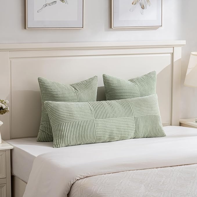 Fancy Homi Set of 2 Sage Green Boho Long Lumbar Body Decorative Throw Pillow Cover 14x36 Inch for Bed Couch Bedroom Bench, Soft Patchwork Corduroy Textured Pillow Case, Rustic Farmhouse Room Décor-Ruum Studio Home