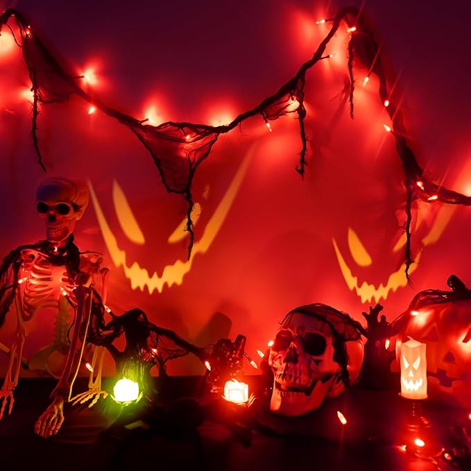 Halloween Horror Atmosphere Lights, Orange&Purple LED String Lights with 9.9FT Creepy Black Gauze, Battery Powered with Timer & 8 Flashing Modes (Red)-Ruum Studio Home