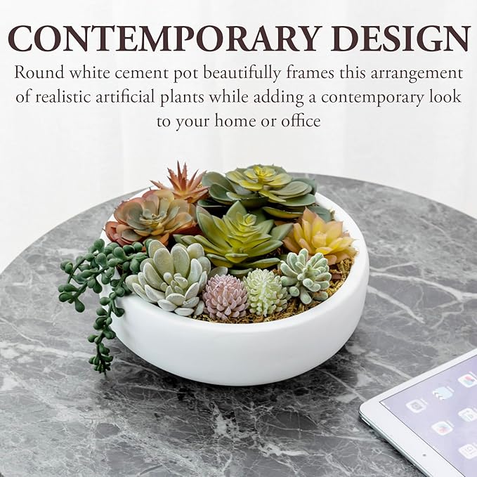 MyGift 8 Inch Round Modern Artificial Succulent Arrangement Potted in White Concrete Plant Bowl, Assorted Faux Mini Succulents in a Decorative Planter Pot-Ruum Studio Home