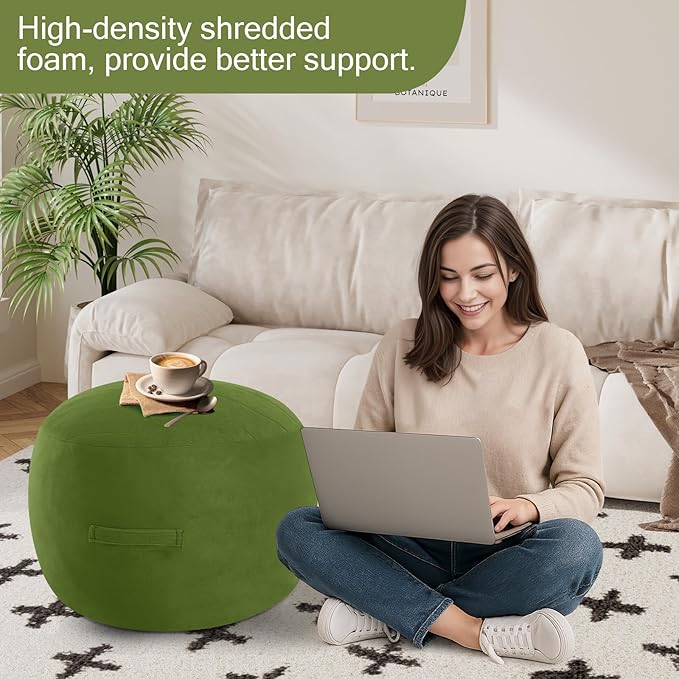 MeMoreCool Round Stuffed Pouf Ottoman Foot Rest, Floor Pouf Foot Stool with Soft Foam Chunk Filling, Small Round Ottoman Footstool Circle Footrest for Living Room, Green-Ruum Studio Home