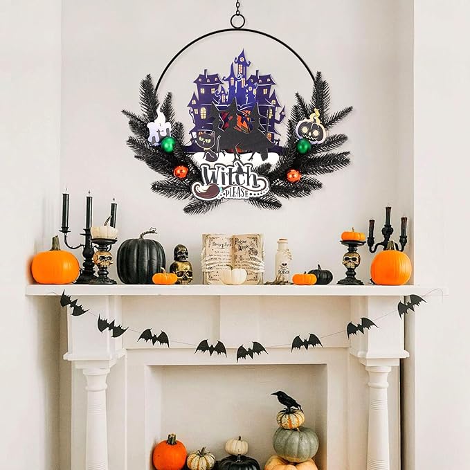 Lighted Halloween Wreaths for Front Door, Welcome Metal Wooden Door Wreath Decor Hanging Sign, 30 LED Lighted Wall Decor Battery Operated for Halloween Indoor Outdoor (Witch)-Ruum Studio Home