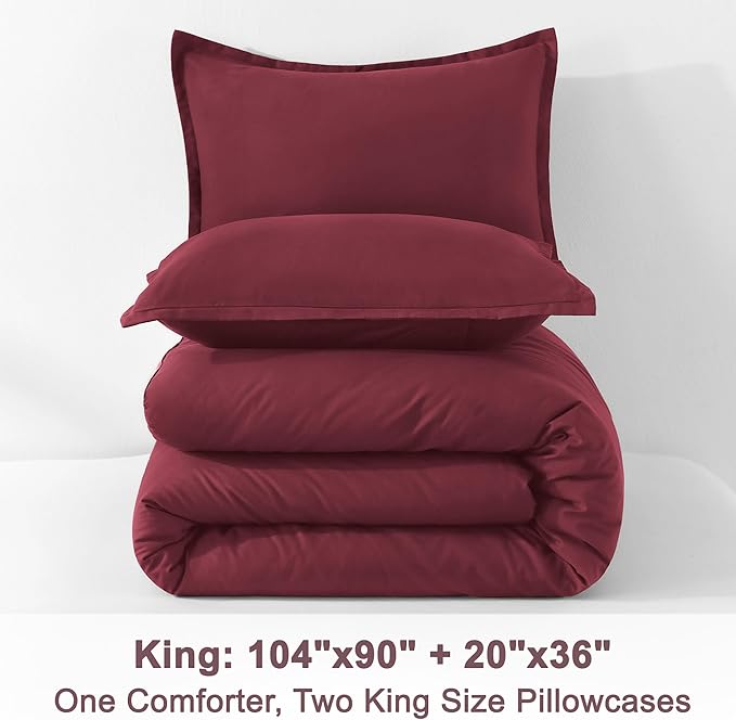 Litanika Burgundy Red Comforter Set King Size, 3 Pieces Lightweight Solid Bedding Comforter Set, All Season Fluffy Bed Set (104x90In Comforter & 2 Pillowcases)-Ruum Studio Home