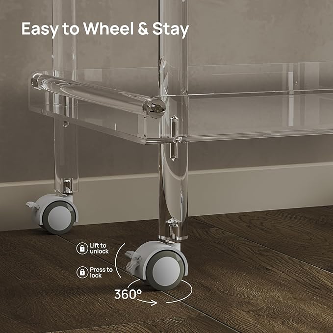 HMYHUM Acrylic Bar Cart, Rolling Serving Cart with 4 Lockable Wheels for The Home Bar, Kitchen, Living Room, Modern, 2-Tier, 23.6" L x 15" W x 30" H, Clear-Ruum Studio Home