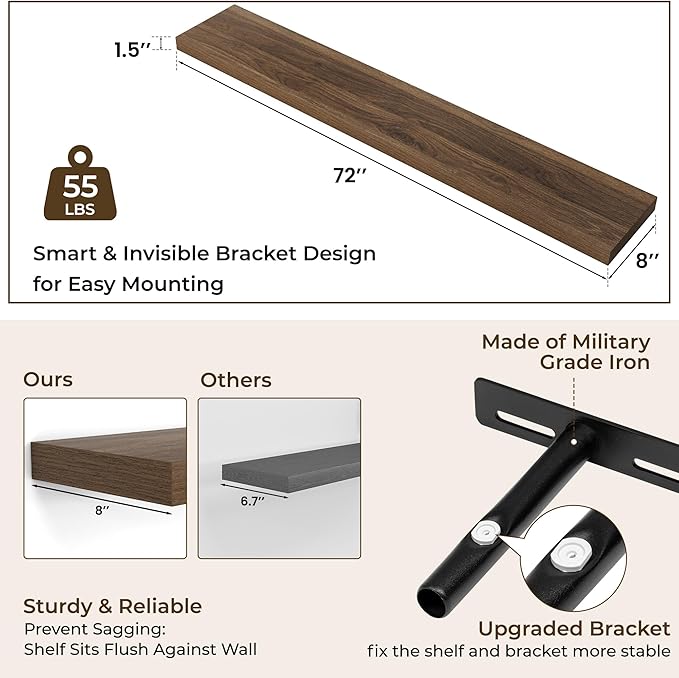 RICHFOCUS 72Inch Floating Shelves for Wall 1 Pack Shelves for Bedroom|Kitchen|Bathroom Wall Mounted Rustic Wood Floating Shelf with Invisible Brackets for Books|Storage|Decor, Walnut-Ruum Studio Home