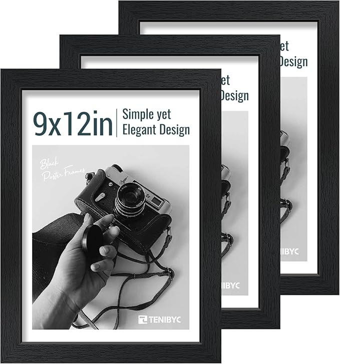 9x12 Frame 3 Pack - Black Woodgrain, 9 x 12 Picture Frame with HD Tempered Glass, Table or Wall Display-Ruum Studio Home