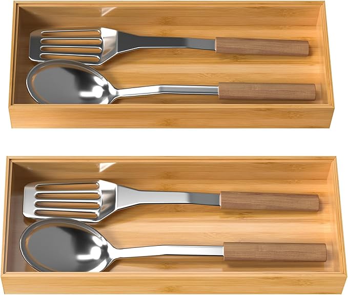 Bamboo Drawer Organizer, Stackable Utensil Organizer for Kitchen, Bamboo Storage Box Wood Silverware Tray for Drawer 15" x 6" x 2" Set of 2-Ruum Studio Home