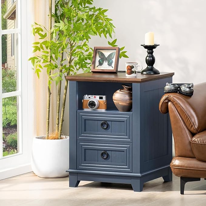18" Farmhouse Night Stands Set of 2 with Charging Station, 2 & 3 Drawers End Table Dresser for Bedroom, Blue Wooden Nightstand, Bed Side Table with Open Shelf, Bedside Cabinet for Living Room-Ruum Studio Home