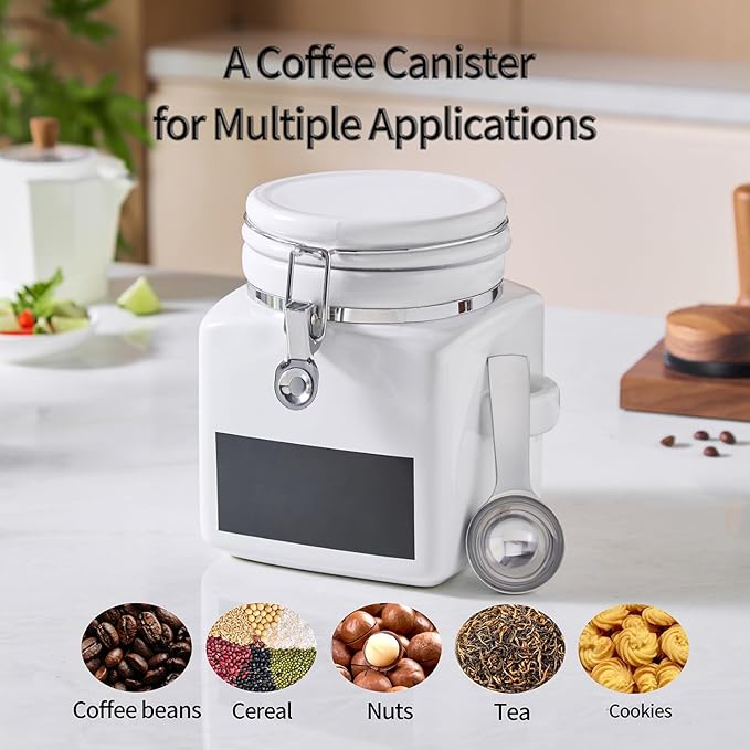 Ceramic Coffee Canister with Airtight Lid and Scoop, Large 74 Fl Oz / 2.2 L Kitchen Food Storage Container Jar for Grounds Coffee, Beans, Tea, Sugar, Flour, Cereal, Nuts, Cookie, White-Ruum Studio Home