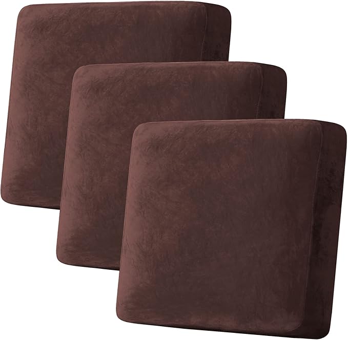 H.VERSAILTEX Velvet Stretch Couch Cushion Cover Plush Cushion Slipcover for Chair Loveseat Sofa Cushion Furniture Protector Seat Cushion Sofa Cover (3 Piece XL Sofa Cushion Covers, Brown)-Ruum Studio Home