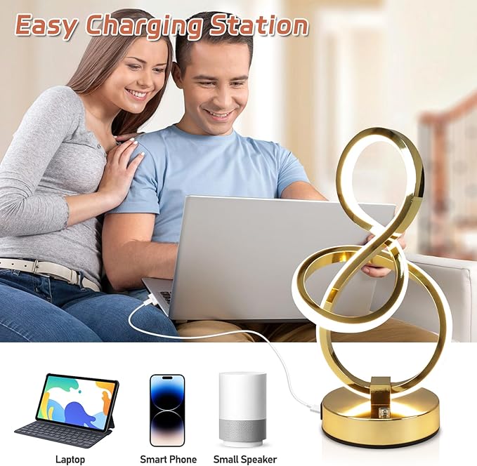 Modern Table Lamp, LED Bedside lamp with USB C+A ports, Touch Stepless Dimmable Nightstand lamp, Unique Spiral Table lamp for Bedroom Living Room Home Office, Spiral lamp for Ideal Gift, Gold-Ruum Studio Home