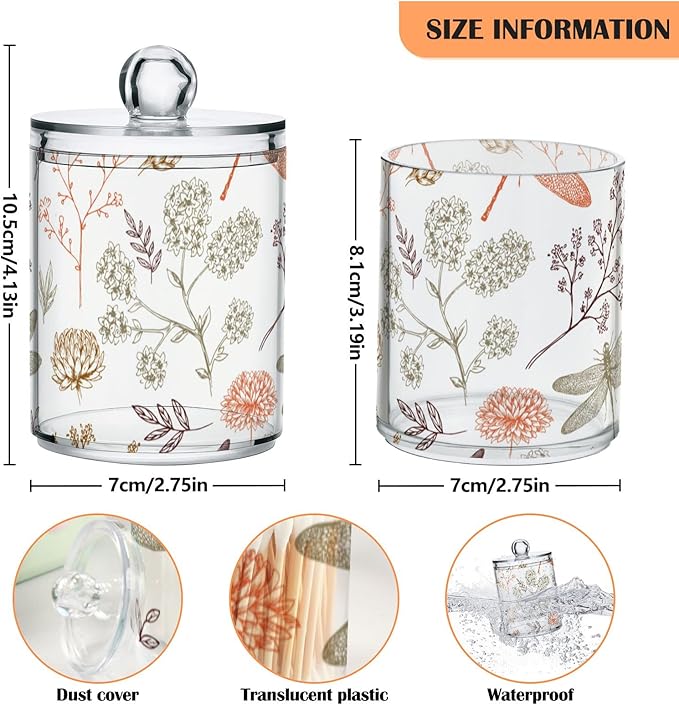 2 Pack Qtip Holder Organizer Dispenser Dragonfly Pattern Bathroom Storage Canister Cotton Ball Holder Container for Cotton Swabs/Pads/Floss-Ruum Studio Home