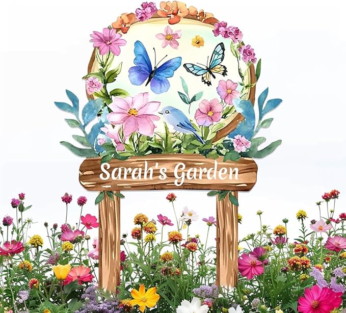 Personalized Watercolor Garden Metal Sign with Stake,Custom Gardener Last Name Signs Outdoor Decor,Customized Birds Gardening Gifts for Mom,Butterfly Flowers Plaques for Patio Lawn Porch Yard Garage-Ruum Studio Home