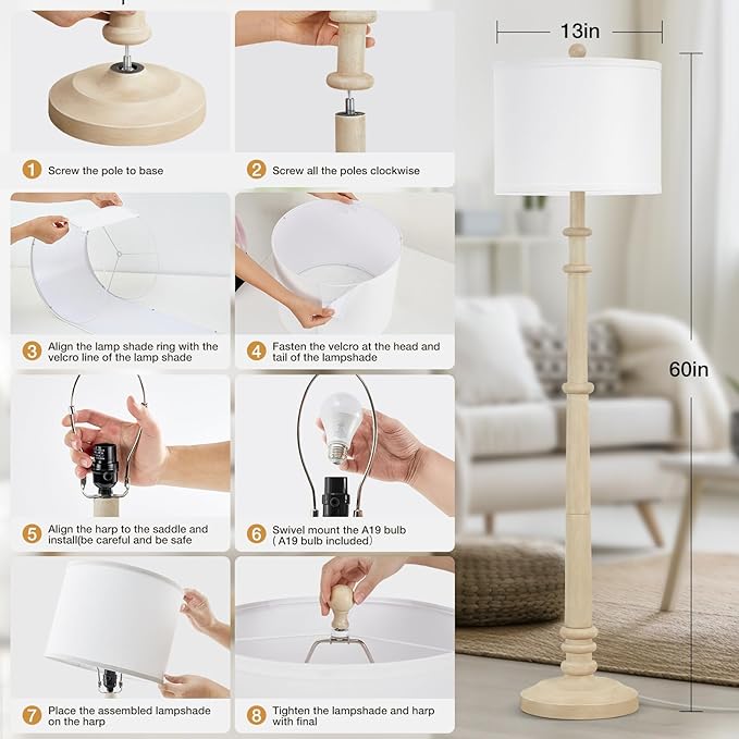 Floor Lamps for Living Room - 60" Resin Farmhouse Floor Lamp with 3 Color Temperatures - Vintage Standing Lamp Reading Light with Linen Shade Rustic Tall Lamp for Bedroom Office, Oatmeal Wash-Ruum Studio Home