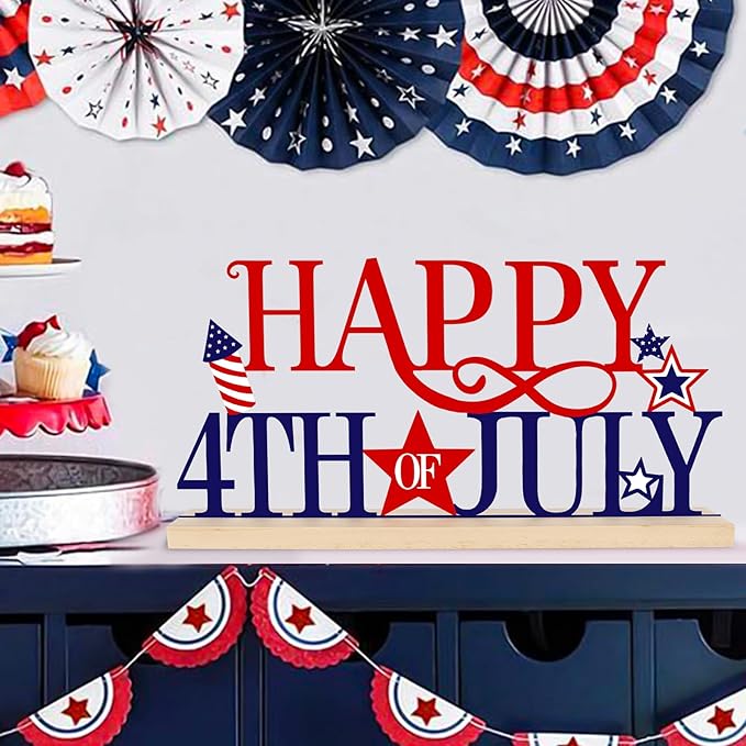 COCHIE Metal Happy 4th of July Sign, Red Blue and White Decorations for Home, Office, Shelf, Mantel, Indoor, Fouth of July Decoration, Patriotic Star Decor (Independence Day)-Ruum Studio Home