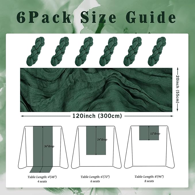 Emerald Green 6 Pack Cheesecloth Table Runner 10FT Boho Fabric Rustic Cheese Cloth Table Runner for Wedding 20 x 120 Inch Long Bridal Shower Baby Shower Gauze Sheer Birthday Party Table Decorations-Ruum Studio Home