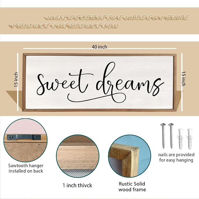 comurdyo Sweet Dreams Wall Decor Above Bed Sign 40" x 15" Master Bedroom Wooden Antique Framed Large Rustic Farmhouse Guest Room Beautiful Simple Hanging Plaque Over Bed Wall Art (Wood)-Ruum Studio Home