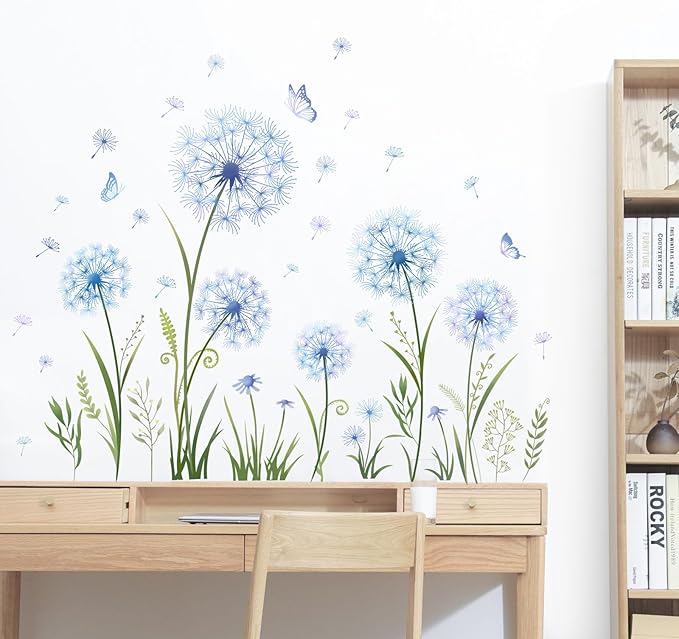 Dandelion Flower Butterfly Wall Decals Blue Dandelion Plants Floral Wall Stickers Peel and Stick Vinyl Wall Art Decor for Living Room Bedroom Office TV Sofa Backdrop Home Decor Gifts for Mom-Ruum Studio Home