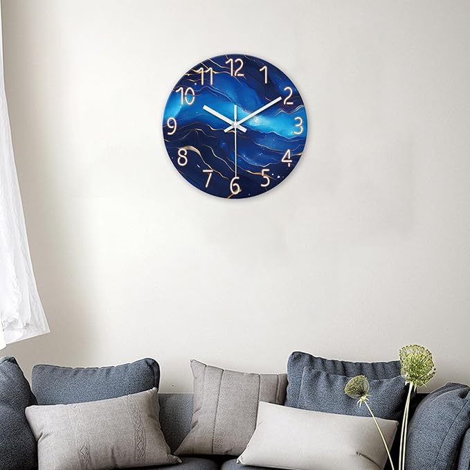 Small Wall Clocks Battery Operated 12 Inch Blue Marble Wall Clock for Kitchen Glass Analog Silent Wall Clock Non Ticking-Ruum Studio Home