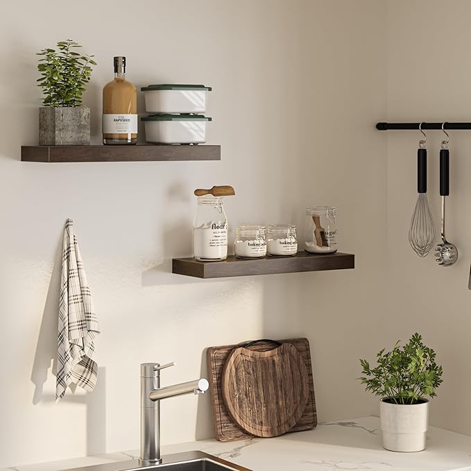 Floating Shelves for Wall, 24" W x 6.7" D x 1.5" H, Wooden Wall Mounted Display Shelves with Invisible Brackets for Living Room, Bedroom, Bathroom, Kitchen Decor and Storage, Set of 2, Walnut-Ruum Studio Home