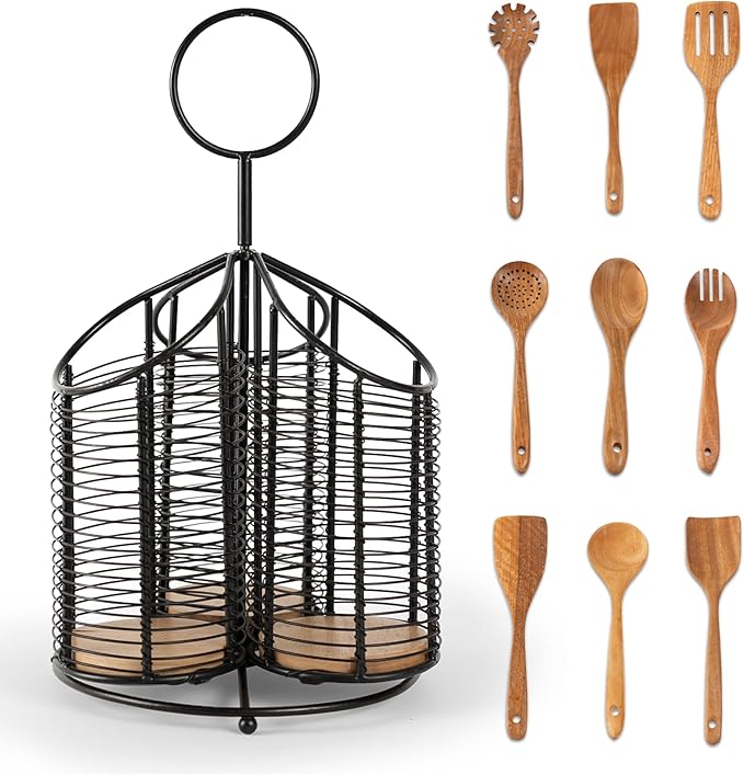 360° Rotating Kitchen Utensil Holder- 3 Compartment Organizer with Cork Bottoms | Includes Premium 9-Piece Acacia Wood Utensil Set | Professional & Home Luxury Design | Metal Utensil Crock (Black)-Ruum Studio Home
