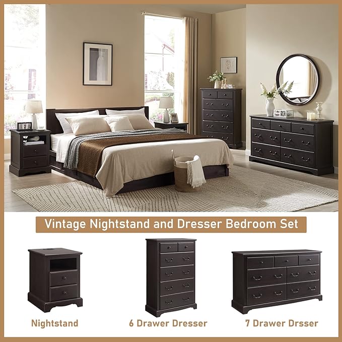 T4TREAM 7 Drawers Dresser Chests for Bedroom, Wood Vintage Chests of Drawers, Rustic Dressers Chset Organizer for Bedroom, Living Room, Hallway, Espresso-Ruum Studio Home
