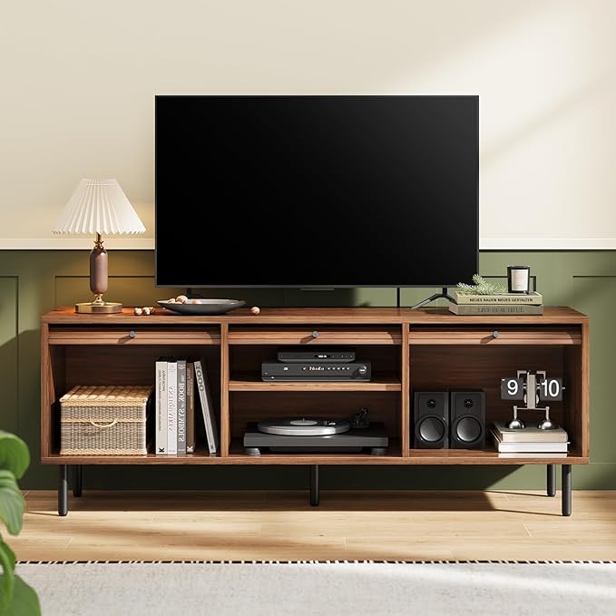 59 Inch TV Stand with Power Outlet for TVs up to 65 Inch, Entertainment Center with Storage, Mid-Century Modern TV Console, Adjustable Shelf & Sliding Doors, TV Stand for Living Room, Bedroom, Walnut-Ruum Studio Home