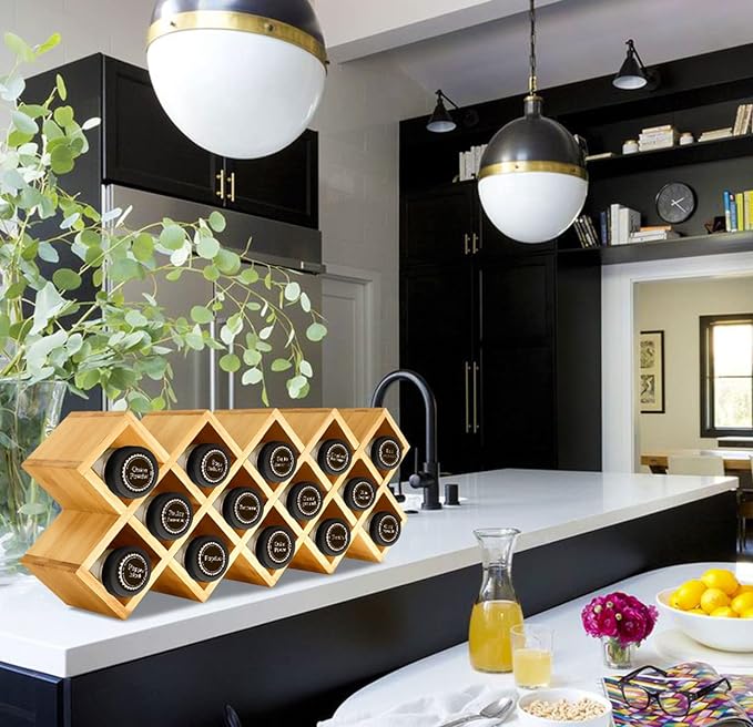 Bamboo Criss Cross Spice Rack Organizer for Cabinet, Wood Seasoning Rack Spice Holder, 18-Jar Spice Rack Tower Spice Storage for Kitchen Countertop Drawer-Jars Not Included-Ruum Studio Home