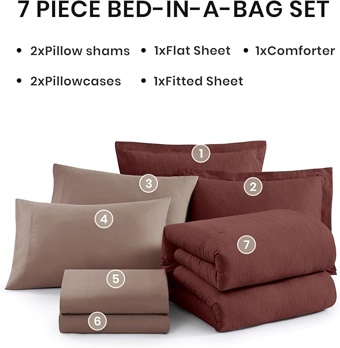 Monbix Full Size Comforter Set, Dark Red Bedding Comforter for Full Size Bed Set Reversible, Bedding Sets Full 7 Pieces, Cationic Dyeing Bed in a Bag with Comforter, Sheets, Pillowcases & Shams-Ruum Studio Home