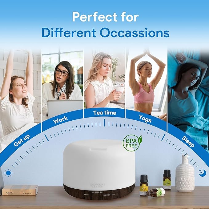 ASAKUKI 500ml Premium, Essential Oil Diffuser with Remote Control, 5 in 1 Ultrasonic Aromatherapy Fragrant Oil Humidifier Vaporizer, Timer and Auto-Off Switch Brown-Ruum Studio Home