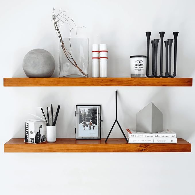 Homeforia Oak Floating Shelves 36 inches Long, High End Solid Real Wood 36 inch Floating Shelf for Room Wall, Honey Oak Wooden 36inch Kitchen Shelves, Heavy Duty Bracket, 36 X 6.5 X 1.75 in, Set of 2-Ruum Studio Home