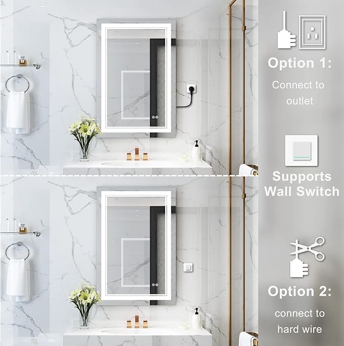 WELLFOR LED Bathroom Vanity Mirror 24 x 36 Inch, Lighted Anti-Fog Dimmable Mirror, IP44 Waterproof Wall Mounted Makeup Mirror, Packed with US Standard Plug and Touch Switch, (Horizontal/Vertical)-Ruum Studio Home