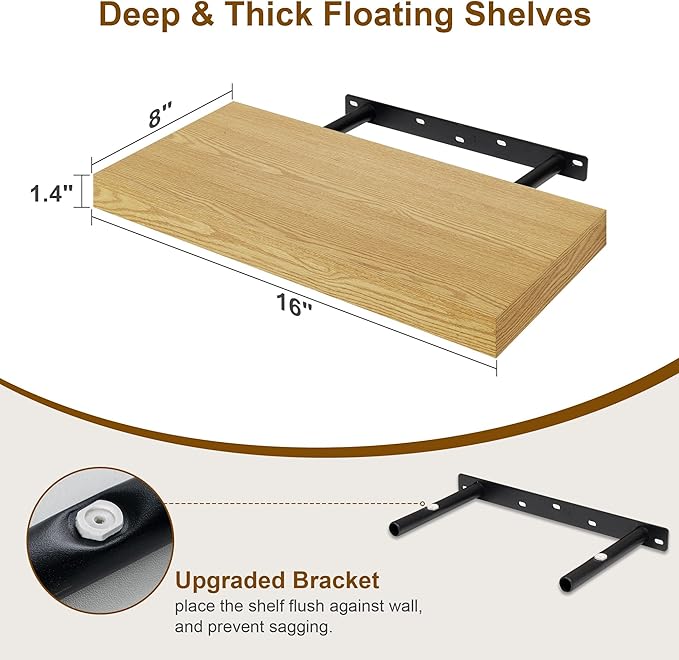 Fun Memories Floating Shelves for Wall, 8 Inch Deep Floating Wall Shelf, 16" x 8" Floating Shelves - Set of 2, Rustic Wooden Storage Shelves for Bathroom, Living Room, Kitchen-Ruum Studio Home